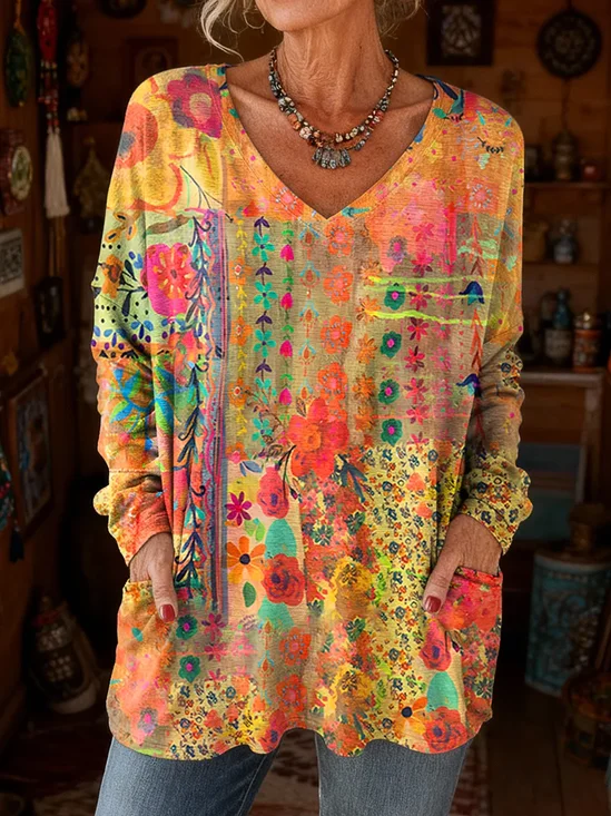 Women Floral Long Sleeve Tee T-shirt V Neck Printing Vintage Spring/Fall Top