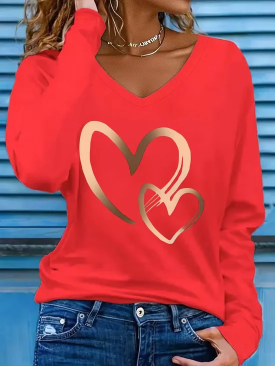 Women Heart/Cordate Long Sleeve Tee T-shirt V Neck Printing Casual Graphic Tee Spring/Fall Top