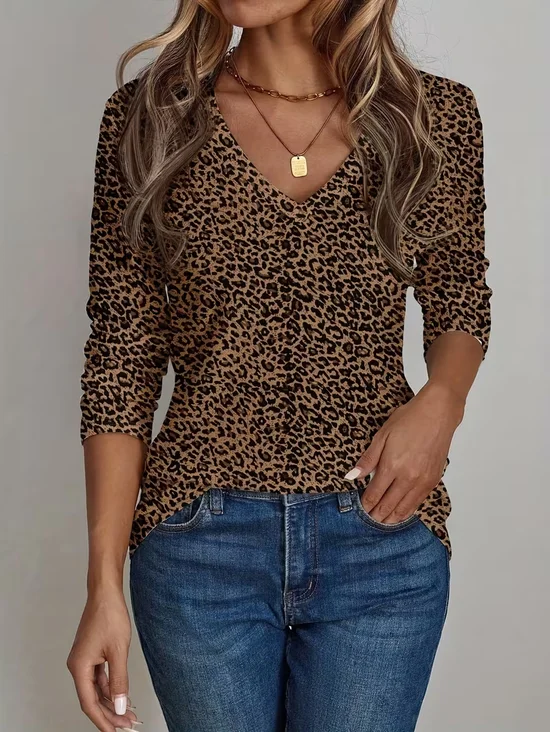 Women Leopard Long Sleeve Tee T-shirt V Neck Printing Casual Graphic Tee Spring/Fall Top