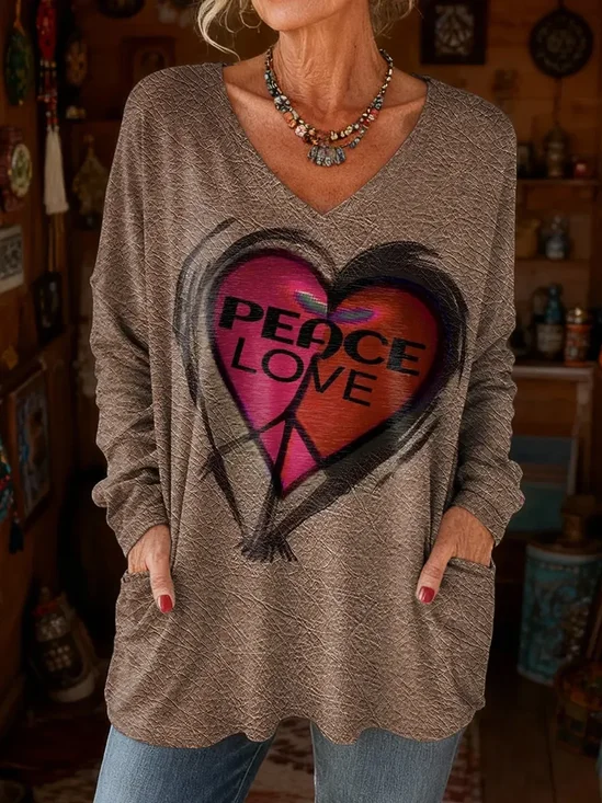 Women Heart/Cordate Long Sleeve Tee T-shirt V Neck Printing Vintage Spring/Fall Top