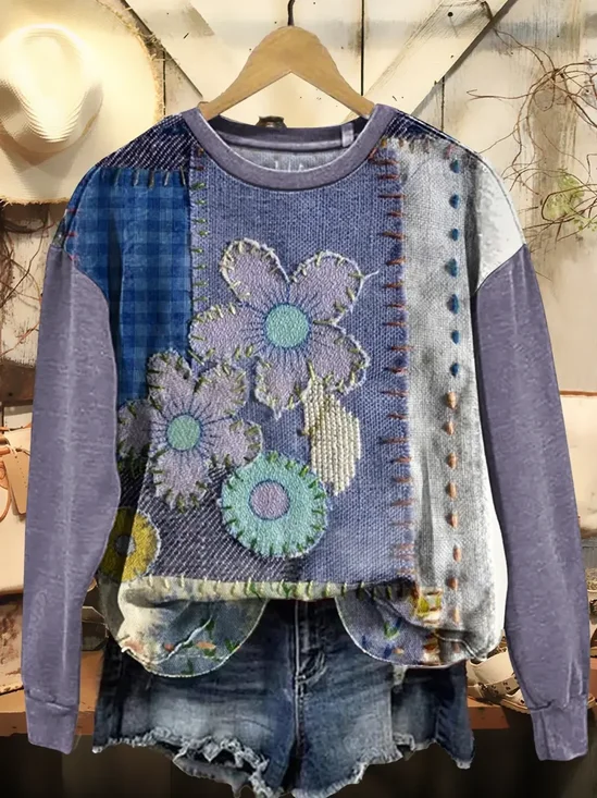 Women Floral Crew Neck Printing Casual Spring/Fall Long Sleeve Sweatshirt