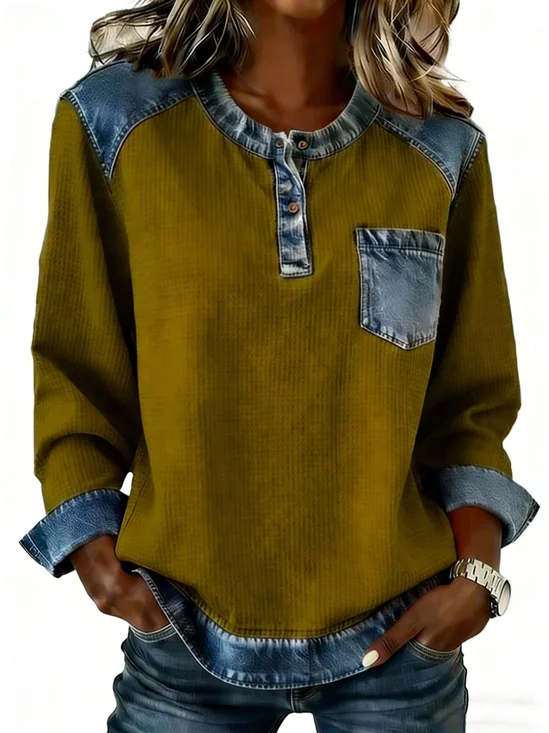 Women Color Block Crew Neck Long Sleeve Blouse Casual Daily Spring/Fall Top