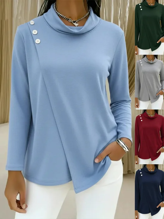 Women Plain Long Sleeve Tee T-shirt Mock Neck Split Joint Casual Spring/Fall Top