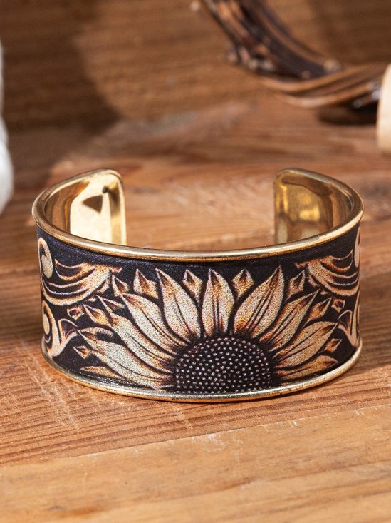 Electroplated Retro Distressed Pu Iron Sunflower Bracelet Forest Style Artistic Nfc Design Niche Open-face Jewelry
