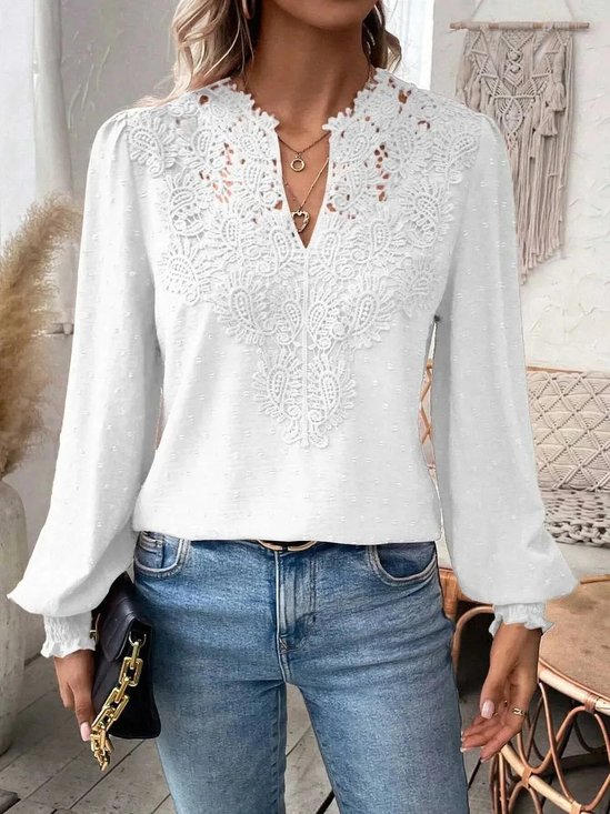 Women Plain V Neck Long Sleeve Shirt Jacquard Casual Daily Spring/Fall Top