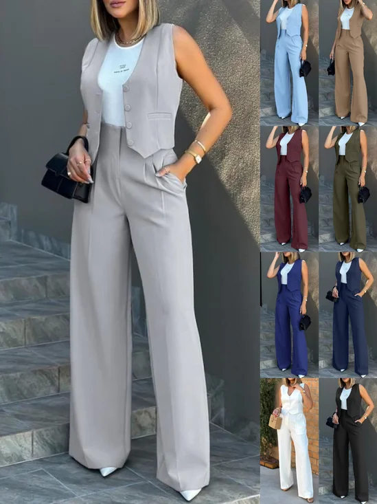 Women Plain Split Joint Two-Piece Set Daily Long Sleeve Casual Spring/Fall Top With Pants Matching Set