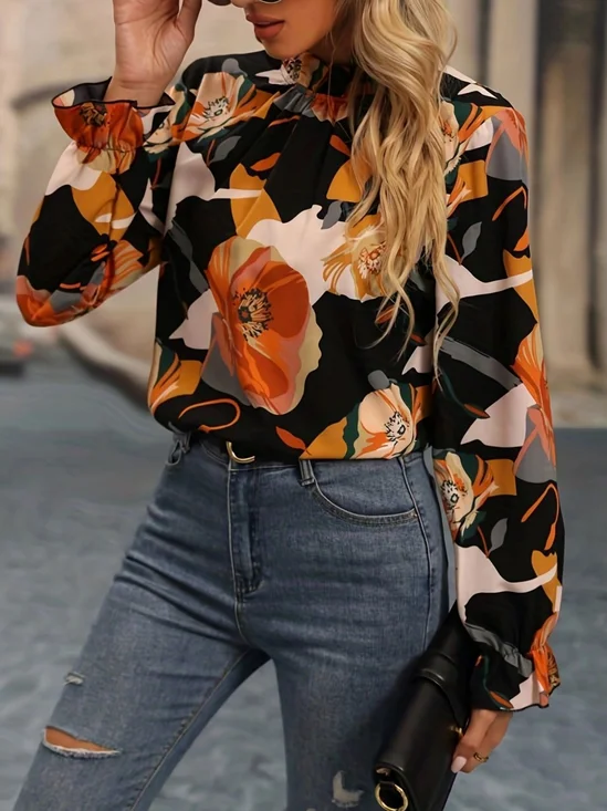 Women Floral Mock Neck Long Sleeve Shirt Printing Vintage Daily Spring/Fall Top