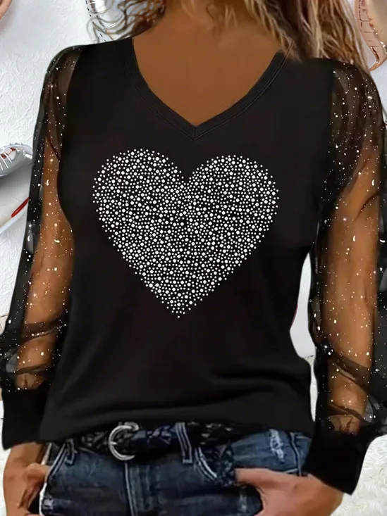 Women Heart/Cordate Long Sleeve Tee T-shirt V Neck Party Spring/Fall Top