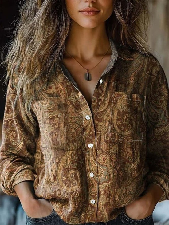 Women's Long Sleeve Shirt Spring/Fall Paisley Shawl Collar Daily Going Out Vintage Top