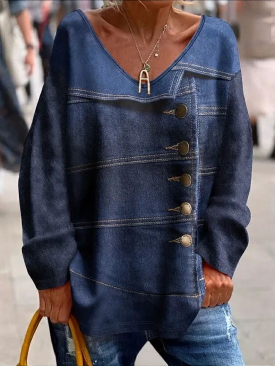 Women Faux Denim Print Graphic Long Sleeve Tee T-shirt V Neck Printing Casual Spring/Fall Top