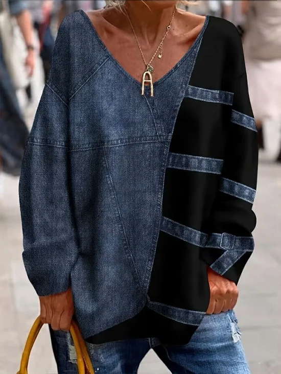 Women Faux Denim Print Graphic Long Sleeve Tee T-shirt V Neck Printing Casual Spring/Fall Top