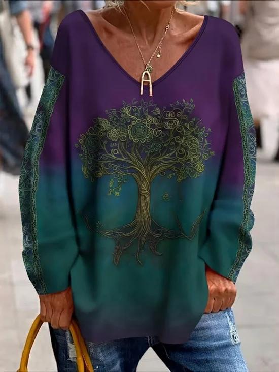 Women Tree Long Sleeve Tee T-shirt V Neck Printing Casual Spring/Fall Top