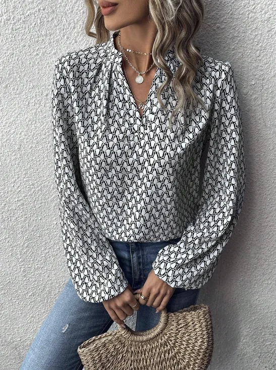 Women Geometric V Neck Long Sleeve Shirt Printing Balloon Sleeve Casual Daily Spring/Fall Top