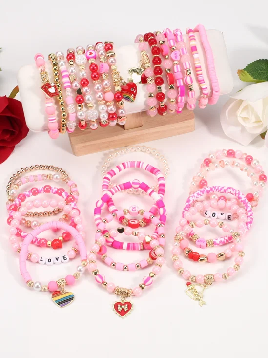 Bowknot Red Rhinestone Heart Valentine's Day Polymer Clay And Artificial Crystal Spliced ​​multi-layer Elastic Bracelet A Perfect Gift For Best Friends