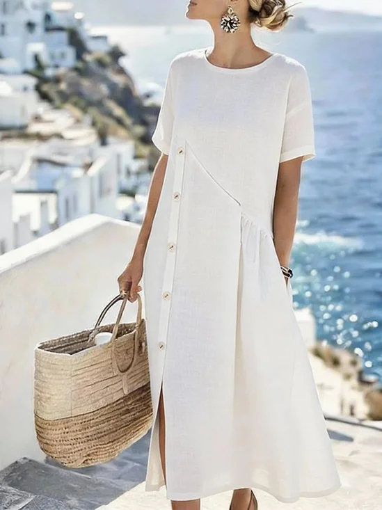 Women Plain Short Sleeve Crew Neck Buttoned Dress Daily Casual Midi A-Line Summer Dress