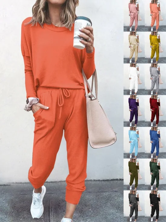 Women Plain Split Joint Two-Piece Set Daily Long Sleeve Casual Spring/Fall Top With Pants Matching Set