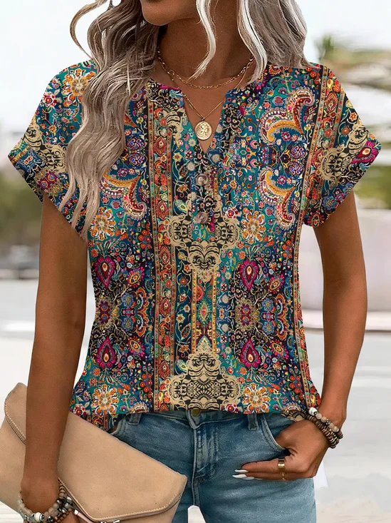 Women
                      Nationality/ethnic Short Sleeve Tee T-shirt V Neck
                      Elegant Summer Top