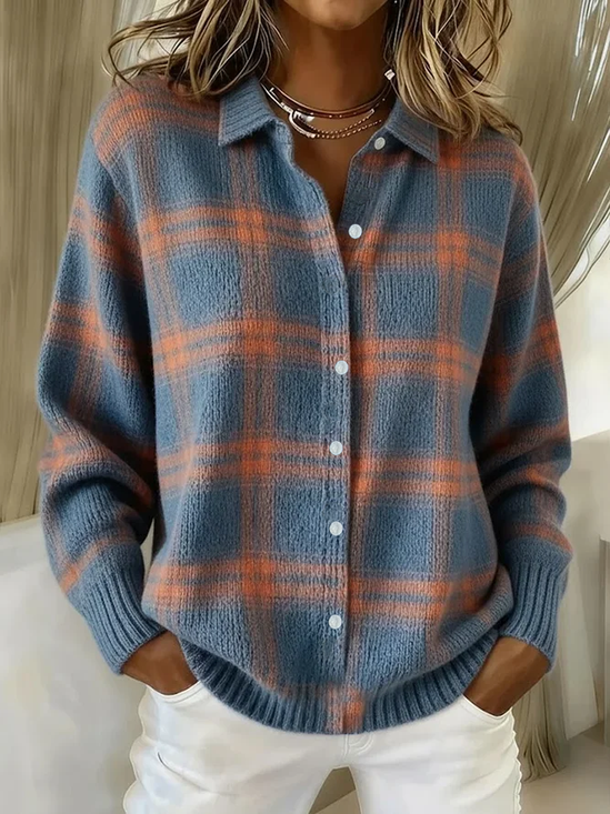 Women Plaid Printing Long Sleeve Shawl Collar Vintage Spring/Fall Cardigan Outerwear