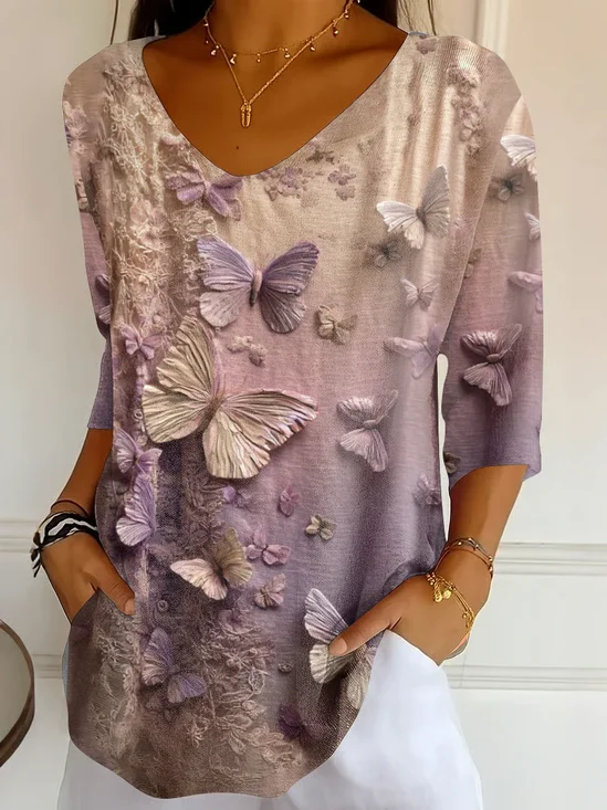 Women
                      Butterfly Three Quarter Sleeve Tee T-shirt V Neck
                      Printing Casual Graphic Tee Spring/Fall Top