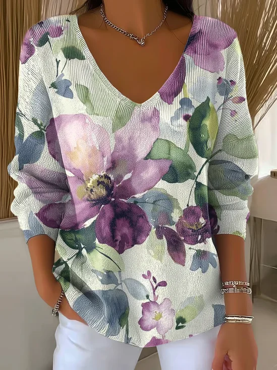Women
                      Floral Long Sleeve Tee T-shirt V Neck Printing
                      Casual Spring/Fall Top
