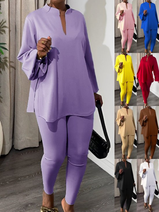 Women Plain Split Joint Balloon Sleeve Two-Piece Set Daily Long Sleeve Casual Spring/Fall Top With Pants Matching Set