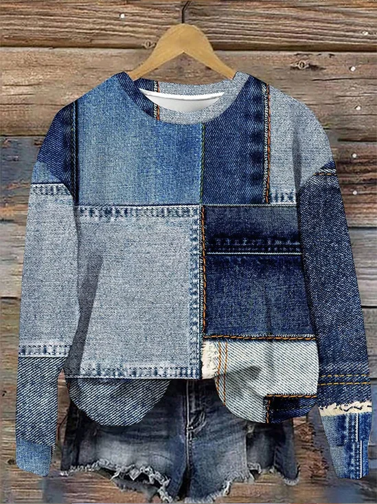 Women Faux Denim Print Graphic Crew Neck Printing Casual Spring/Fall Long Sleeve Sweatshirt