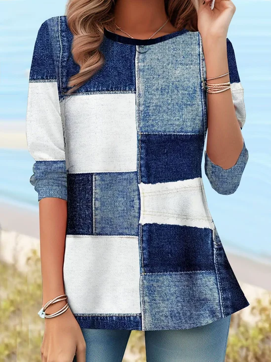 Women
                      Faux Denim Print Graphic Long Sleeve Tee T-shirt
                      Crew Neck Printing Casual Tunic Spring/Fall Top