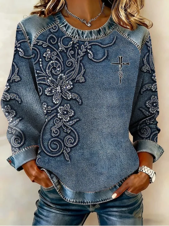 Women
                      Cross Crew Neck Printing Vintage Spring/Fall Long
                      Sleeve Sweatshirt