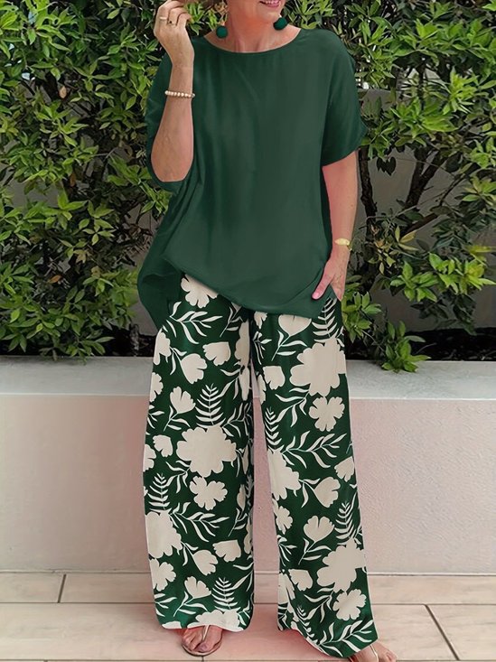 Women Floral Printing Two-Piece Set Daily Half Sleeve Casual Summer Top With Pants Matching Set