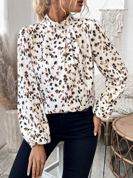 Women Leopard Mock Neck Long Sleeve Shirt Printing Casual Daily Spring/Fall Top