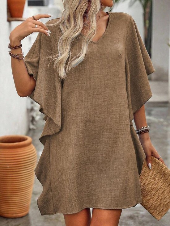 Women Plain Short Sleeve V Neck Split Joint Dress Daily Vintage Mini Ruffle Skirt A-Line Summer Dress