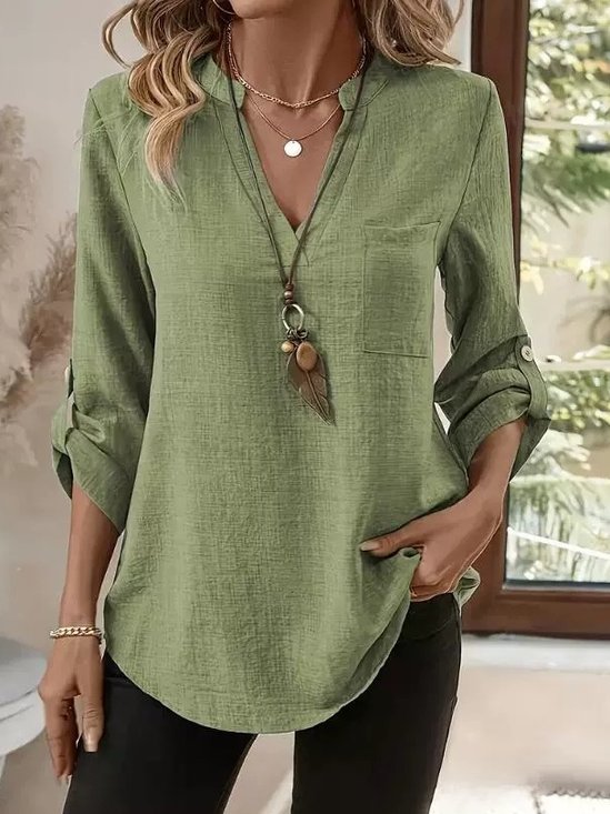 Women Plain V Neck Three Quarter Sleeve Shirt Split Joint Casual Daily Spring/Fall Top