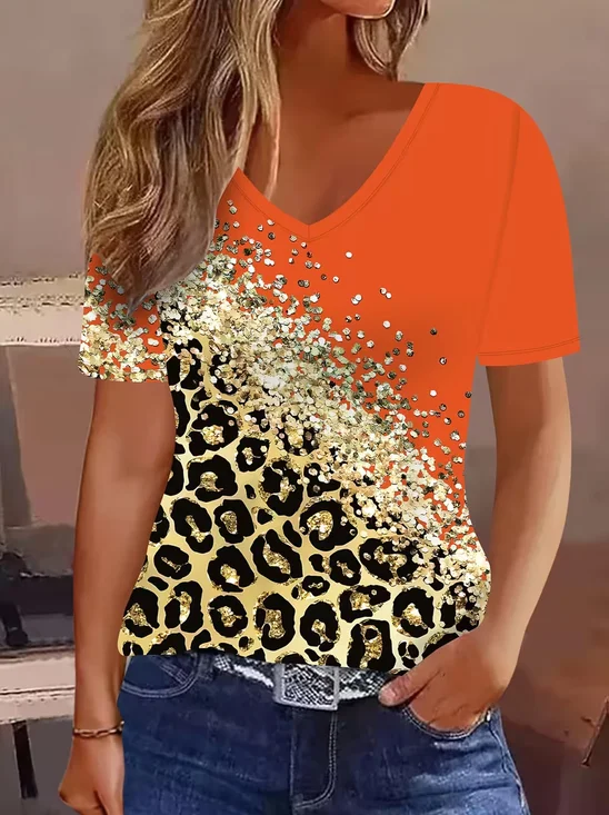Women
                      Leopard Short Sleeve Tee T-shirt V Neck Casual
                      Summer Top