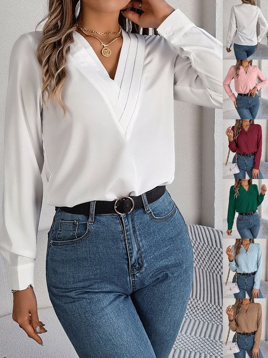 Women Plain V Neck Long Sleeve Shirt Split Joint Casual Daily Spring/Fall Top