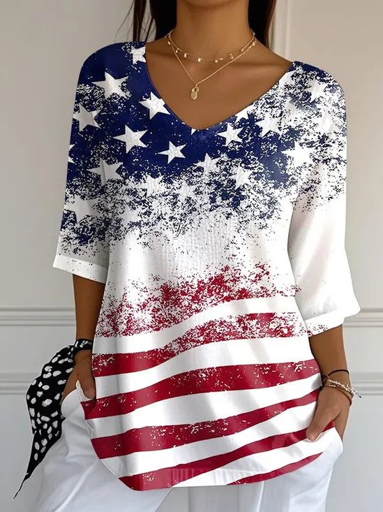Women
                      America Flag Three Quarter Sleeve Tee T-shirt V
                      Neck Printing Casual Graphic Tee Spring/Fall Top