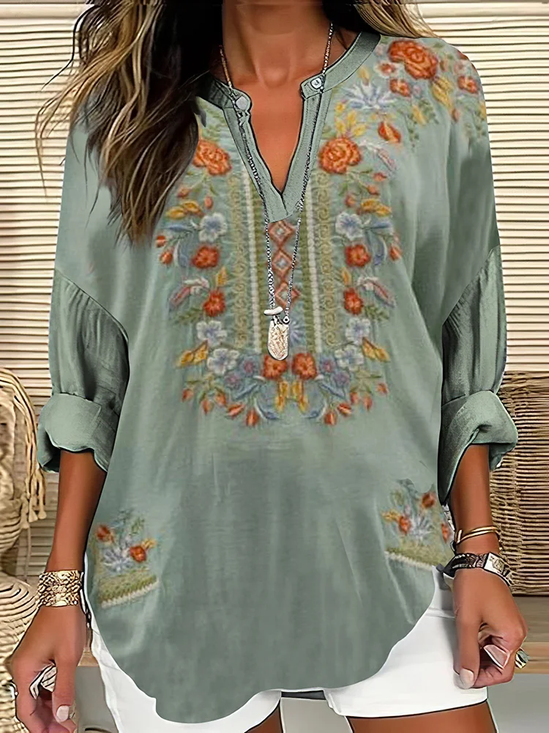 Women Floral V Neck Long Sleeve Blouse Printing Casual Daily Spring/Fall Top