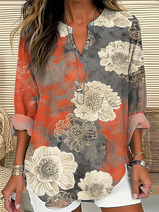 Women Floral V Neck Long Sleeve Blouse Printing Casual Daily Spring/Fall Top