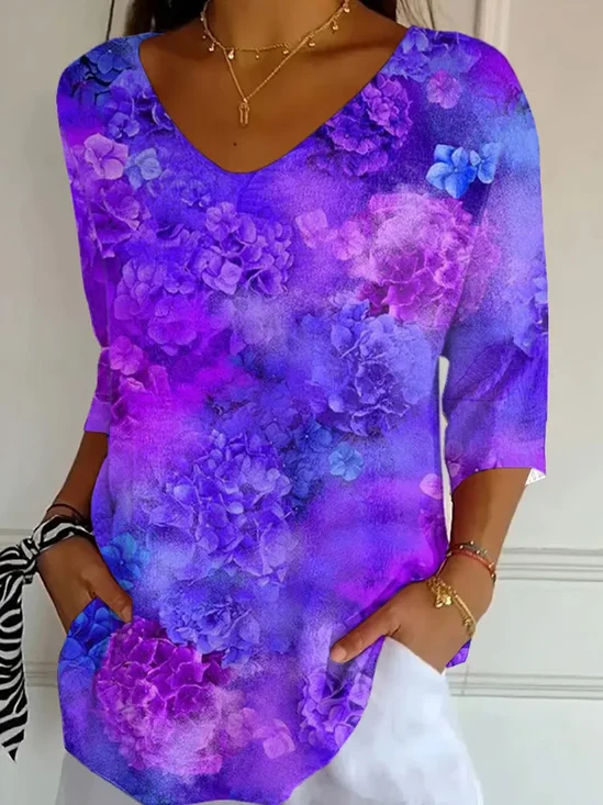 Women Floral Three Quarter Sleeve Tee T-shirt V Neck Printing Casual Graphic Tee Spring/Fall Top