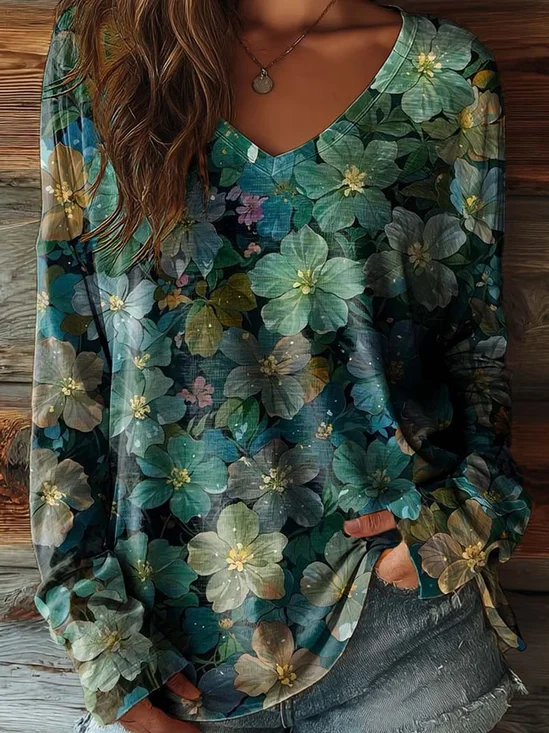 Women
                      Floral Long Sleeve Tee T-shirt V Neck Printing
                      Casual Graphic Tee Spring/Fall Top