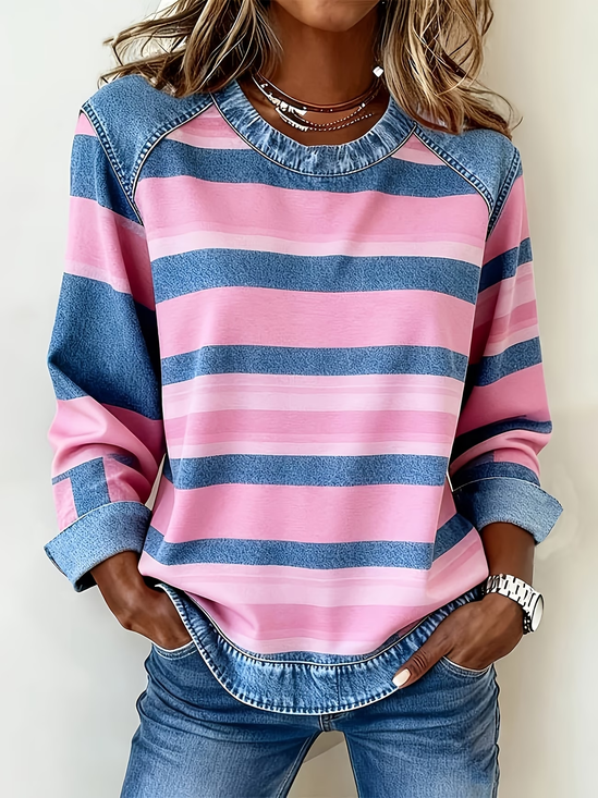 Women Abstract Stripes Crew Neck Printing Vintage Spring/Fall Long Sleeve Sweatshirt