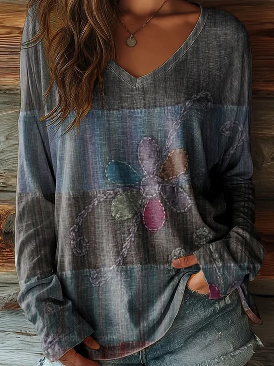 Women
                      Floral Long Sleeve Tee T-shirt V Neck Printing
                      Casual Graphic Tee Spring/Fall Top