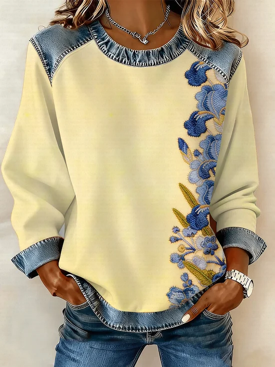 Women Floral Crew Neck Printing Vintage
                      Spring/Fall Long Sleeve Sweatshirt
