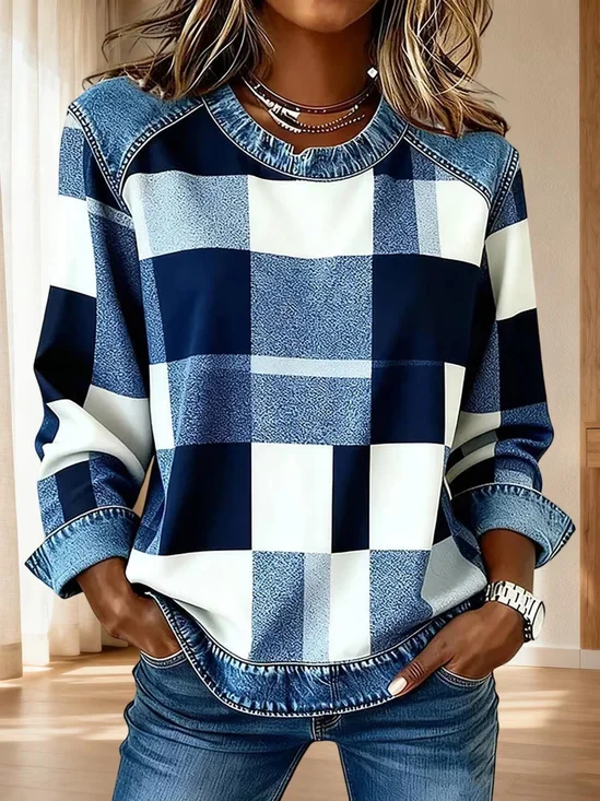 Women Abstract Plaid Crew Neck Printing Vintage Spring/Fall Long Sleeve Sweatshirt