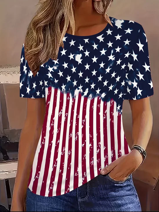 Women America Flag Short Sleeve Tee
                      T-shirt Crew Neck Printing Casual Graphic Tee
                      Summer Top