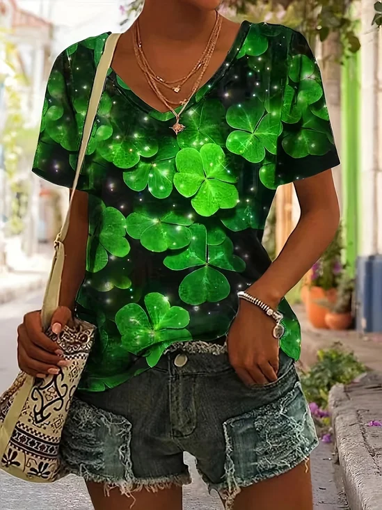 Women
                      Shamrock Short Sleeve Tee T-shirt V Neck Casual
                      Summer Top