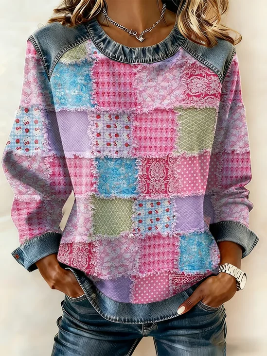 Women Abstract Crew Neck Printing Vintage Spring/Fall Long Sleeve Sweatshirt