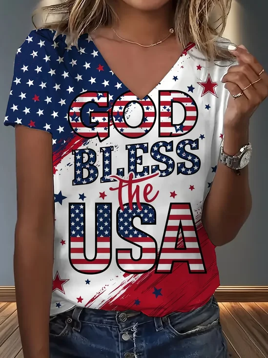 Women
                      Text Letters Short Sleeve Tee T-shirt V Neck
                      Casual Summer Top