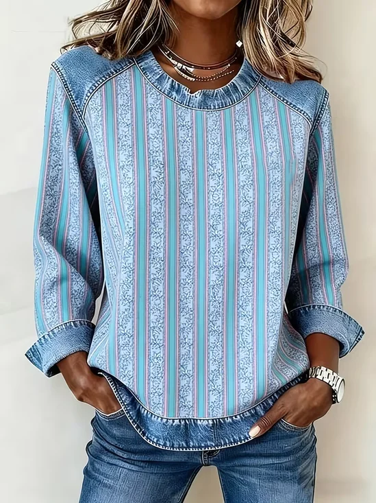 Women Abstract Crew Neck Printing Vintage Spring/Fall Long Sleeve Sweatshirt