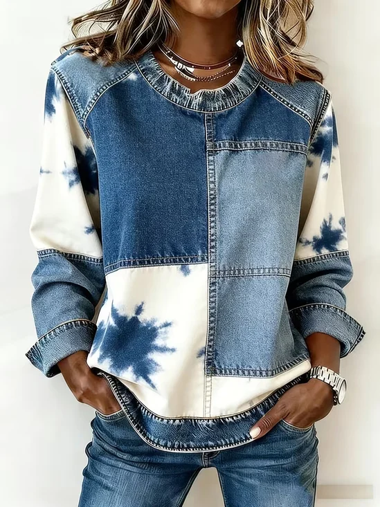 Women Faux Denim Print Graphic Crew Neck Printing Vintage Spring/Fall Long Sleeve Sweatshirt