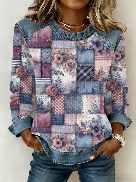 Women Floral Crew Neck Printing Vintage Spring/Fall Long Sleeve Sweatshirt
